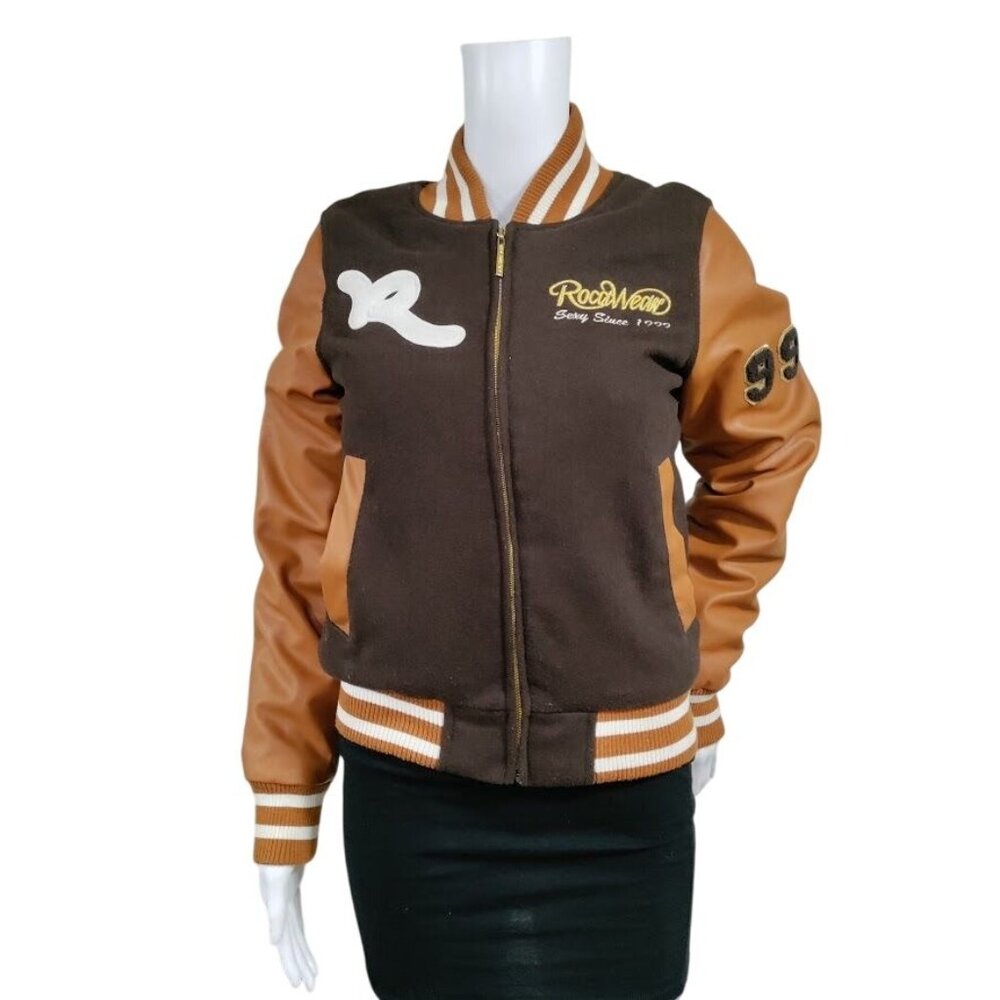 Rocawear Faux Leather Letterman Long Sleeve Full Zip Varsity Jacket Brown S